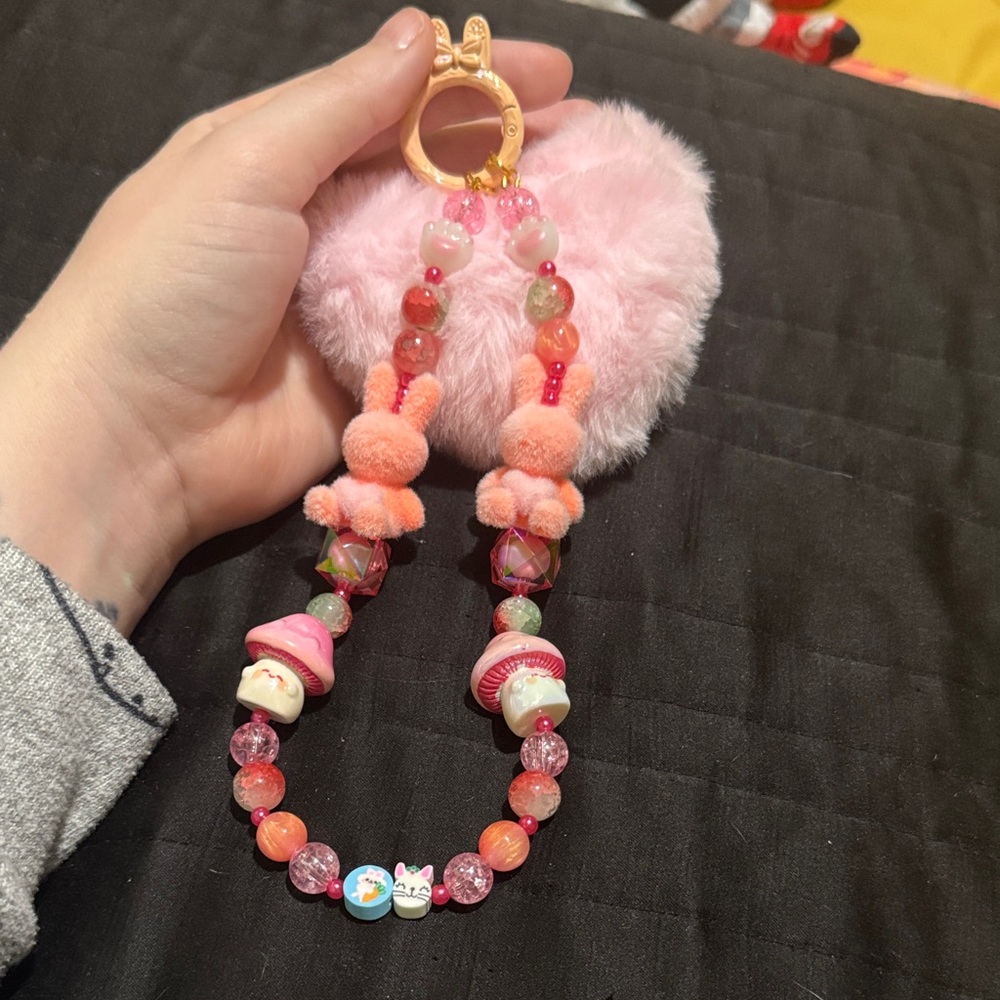 Beautiful hand beaded bunny keychain with cute heart plush